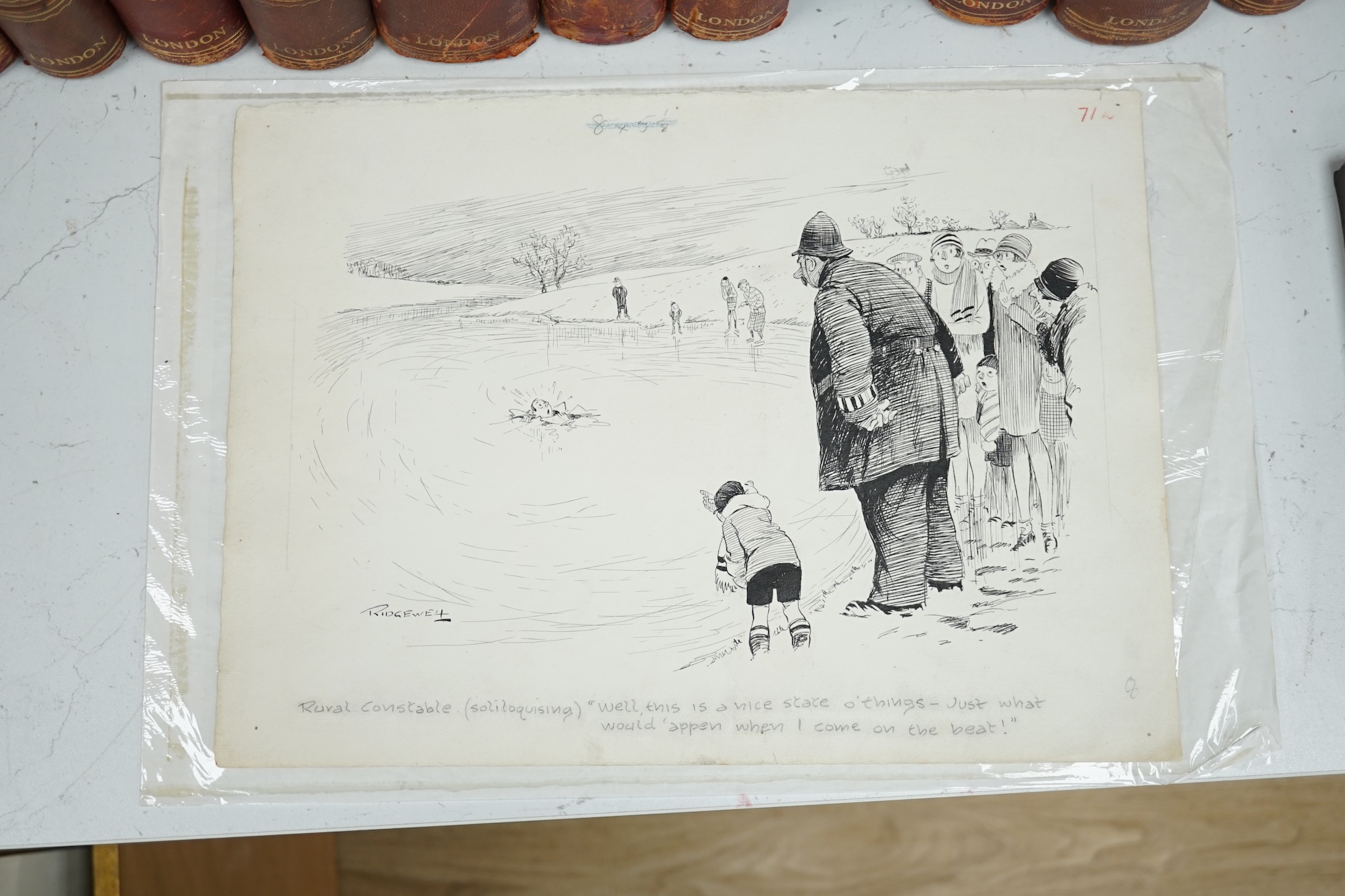 William Leigh Ridgewell (1881-1937), pen and ink, Rural Constable cartoon, signed, 28 x 38cm, unframed. Condition - fair to good